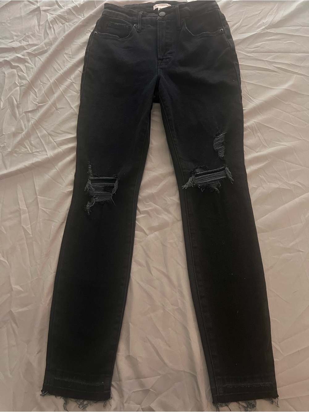 Good American Black Jeans 0/25 Good Legs Raw Hem Skinny Distressed Stretch Denim